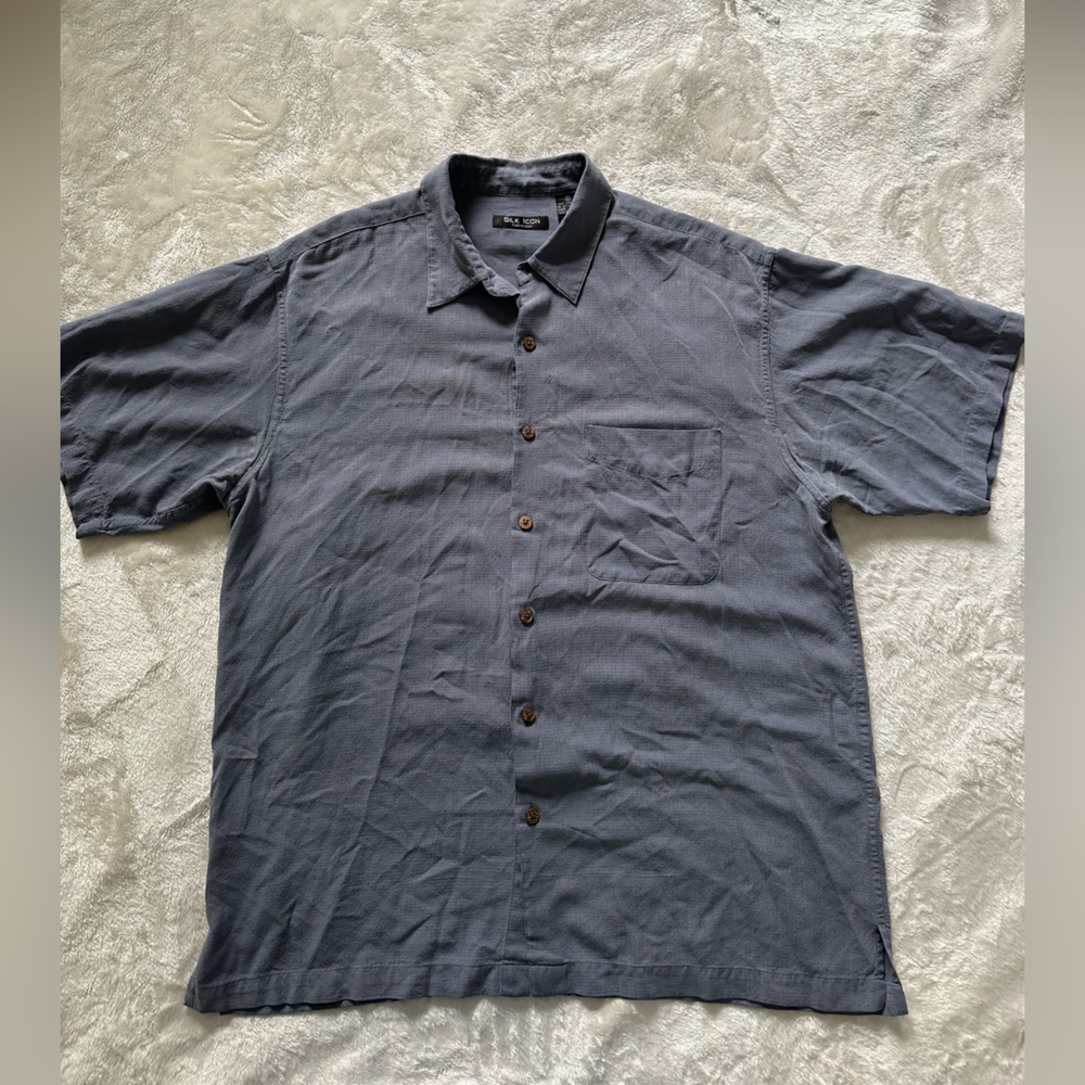 Silk Icon Men’s Shirt 100% Silk Buttoned Down Short Sleeve Blue size L